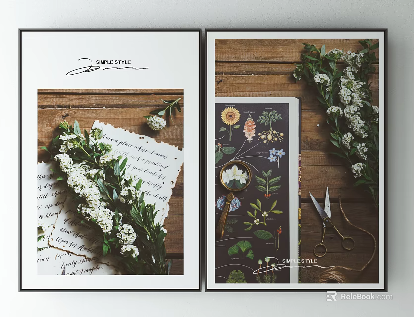 Framed Wall Art Prints With Wooden Background White Flower Bouquet And Decorative Elements 3d model 