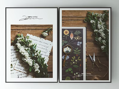 Framed Wall Art Prints With Wooden Background White Flower Bouquet And Decorative Elements 3d model