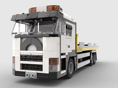 White And Gray Building Block Tow Truck With Yellow Flatbed And Orange Lights 3d model