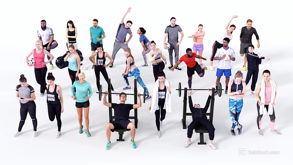 Group of People Working Out with Various Fitness Exercises and Activities 3d model 