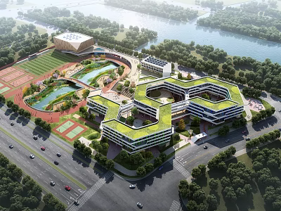 Aerial View Planning of Modern Green Campus with River and Sports Facilities 3d model