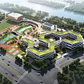 Aerial View Planning of Modern Green Campus with River and Sports Facilities