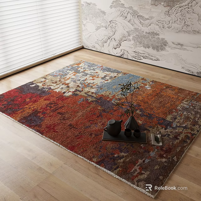 Colorful Square Area Rug With Abstract Pattern On Wooden Floor Interior Tray And Plant Vase 3d model 