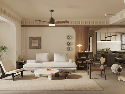 Warm Living Dining Room Interior With Sofa Coffee Table Ceiling Fan Dining Chairs And Plant 3d model