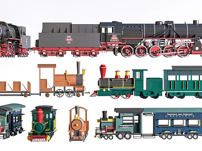 Vintage and Modern Model Trains in Various Colors and Car Styles 3d model