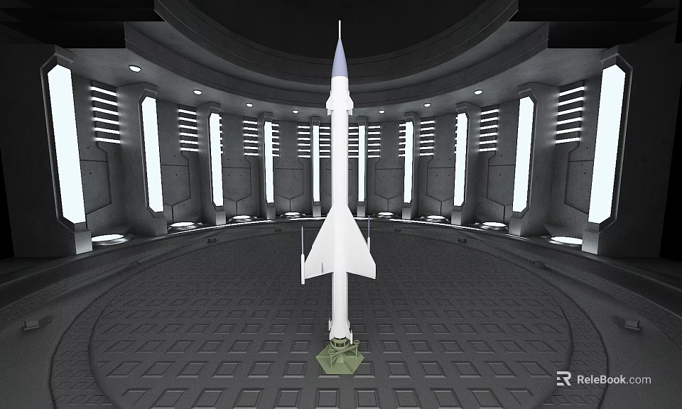White Rocket Displayed In Circular Room With Grid Floor And Vertical Panels 3d model
