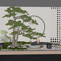 Japanese Dry Landscape Garden With Pine Tree Circular Window Perforated Wall And Mossy Gravel