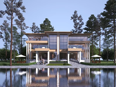 Modern Detached Villa Surrounded by Trees With Pond Front and Water Reflection 3d model