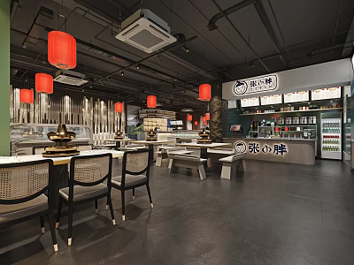 Hot Pot Restaurant Interior Design With Red Lanterns Tables And Chairs Counter 3d model