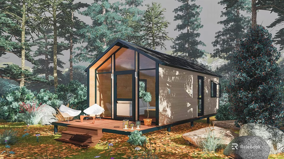 Wooden Cabin Guest House In Forest With Large Windows And Wooden Deck 3d model 