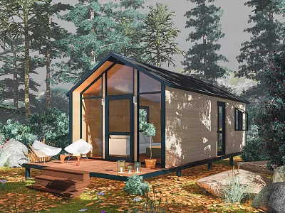 Wooden Cabin Guest House In Forest With Large Windows And Wooden Deck 3d model