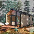 Wooden Cabin Guest House In Forest With Large Windows And Wooden Deck