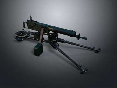 Military Machine Gun With Tripod Stand Long Barrel And Ammunition Box 3d model