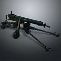 Military Machine Gun With Tripod Stand Long Barrel And Ammunition Box
