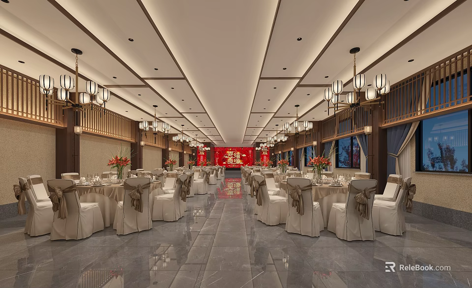 Chinese Style Banquet Hall Interior With Chandeliers Tables Chairs And Red Decorations 3d model 