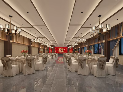 Chinese Style Banquet Hall Interior With Chandeliers Tables Chairs And Red Decorations 3d model