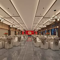 Chinese Style Banquet Hall Interior With Chandeliers Tables Chairs And Red Decorations