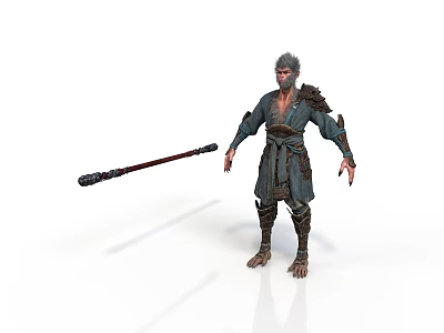 Man In Traditional Robe With Arm Guards Holding Long Wooden Staff 3d model