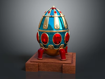 Elegant Enamel Egg Shaped Fashion Accessory With Gold Trim Red Gemstones And Red Legs 3d model