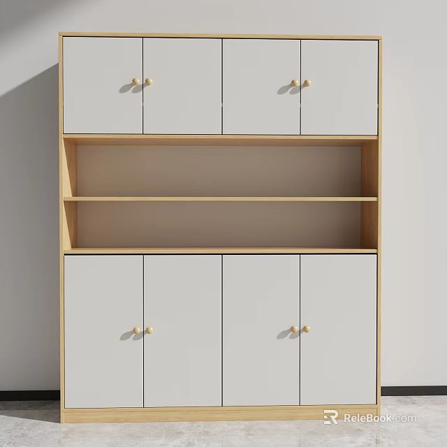 Modern Wooden Bookcase With White Doors Golden Knobs And Open Shelves 3d model