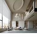 Modern Elegant Living Room with High Ceiling Round Chandelier Floor to Ceiling Windows Blinds Marble Walls
