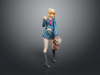 Game And Movie Character With Blonde Hair In Blue Sailor School Uniform Holding Backpack 3d model