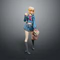 Game And Movie Character With Blonde Hair In Blue Sailor School Uniform Holding Backpack