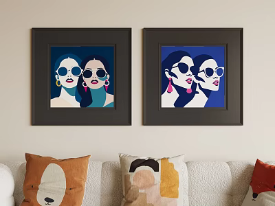Two Framed Abstract Paintings Featuring Female Figures In Sunglasses With Vibrant Colors For Wall Decor 3d model