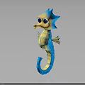 Playful Cartoon Seahorse Character 3D Model With Blue Yellow Body Big Eyes And Curved Tail