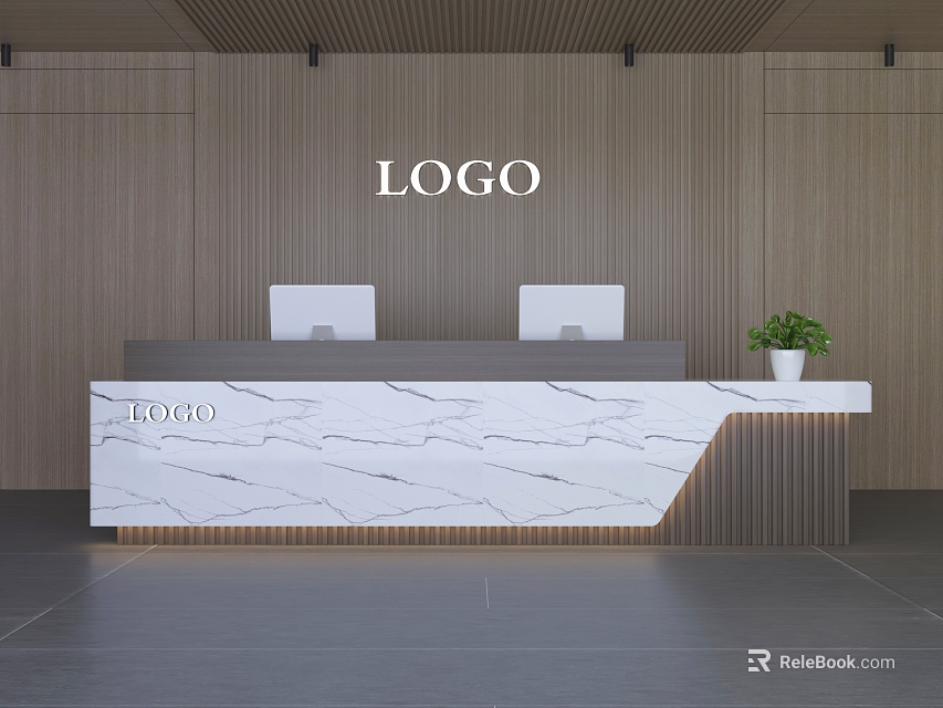 Modern Reception Desk With Marble Countertop Two Computer Monitors And Potted Plant On Wooden Backdrop 3d model 