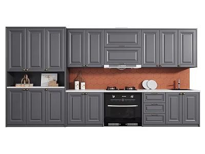 Modern Gray Kitchen Cabinets With White Countertop And Orange Hexagon Tile Backsplash 3d model