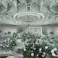 Elegant Banquet Hall Interior With Lush Floral Arrangements And Hanging Chandeliers