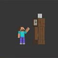 Minecraft Style Decorative Figurine And Grandfather Clock Ornament Set On Checkerboard Wooden Base