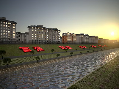 Scenic Garden Landscape with Modern Buildings Lawn Red Accents Water Area and Sunset 3d model