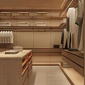 Modern Spacious Walk In Closet Interior With Wooden Cabinets Drawers Display Shelves And Lighting