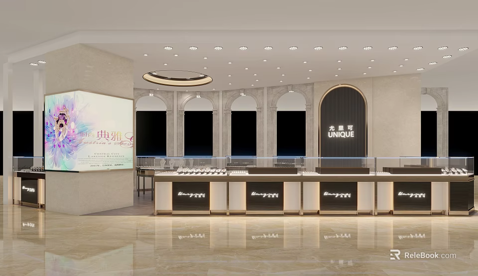 Elegant Jewelry Store Interior With Glass Display Counters Arched Doorways And Ceiling Lighting 3d model 