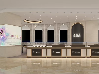 Elegant Jewelry Store Interior With Glass Display Counters Arched Doorways And Ceiling Lighting 3d model