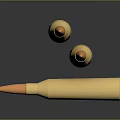 Weapon Ammunition Display With Three Golden Bullets Vertical And Lying Down On Dark Background