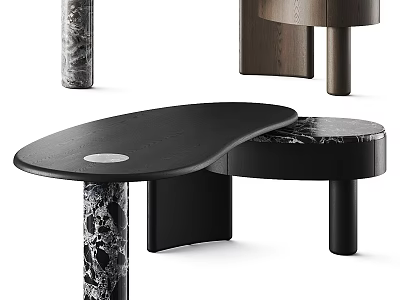 Modern Coffee Table Featuring Curved Black Top And Marble Wood Legs Design 3d model