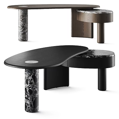 Modern Coffee Table Featuring Curved Black Top And Marble Wood Legs Design 3d model