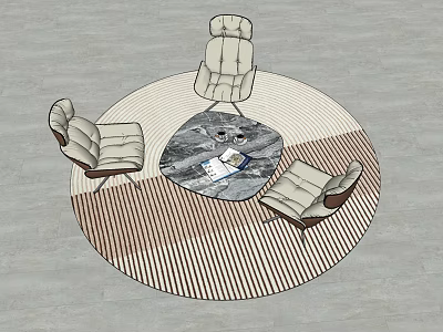 Modern Table and Chair Set with Marble Coffee Table on Round Striped Rug 3d model