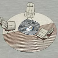 Modern Table and Chair Set with Marble Coffee Table on Round Striped Rug