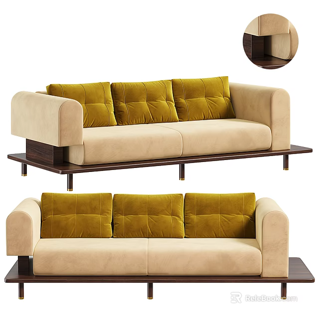 Stylish Multi Seater Sofa In Beige Fabric With Yellow Velvet Cushions And Wooden Legs 3d model 