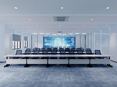 Modern Bright Conference Room With Long Meeting Table Large Digital Screen And Comfortable Office Chairs 3d model