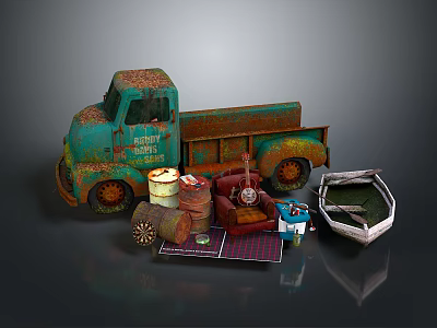 Vintage Rustic Household Items Collection With Rusty Truck Old Sofa And Carpet 3d model