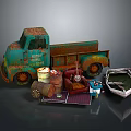 Vintage Rustic Household Items Collection With Rusty Truck Old Sofa And Carpet