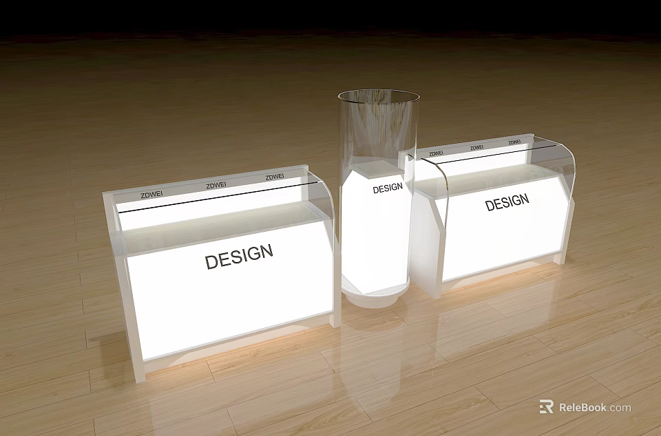 Modern White Illuminated Display Shelves With DESIGN Labels And Transparent Display Item 3d model 