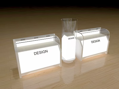 Modern White Illuminated Display Shelves With DESIGN Labels And Transparent Display Item 3d model