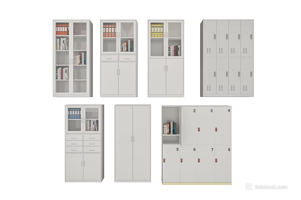 Different Style Bookcases Featuring Glass Doors Drawers Open Compartments And Cabinet Storage 3d model