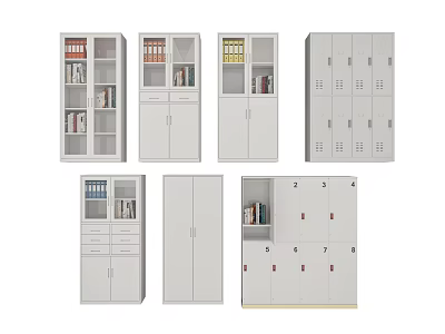 Different Style Bookcases Featuring Glass Doors Drawers Open Compartments And Cabinet Storage 3d model